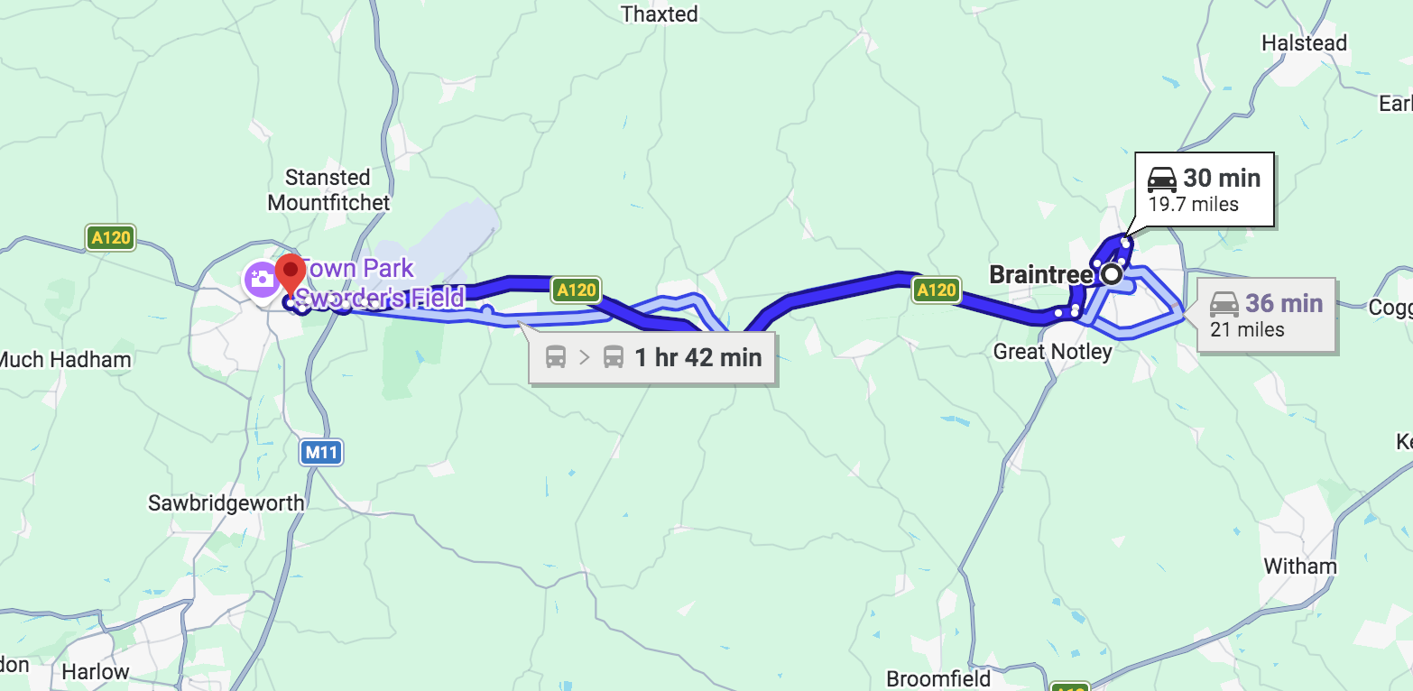 Braintree to Dr Blooms Bishops Stortford directions
